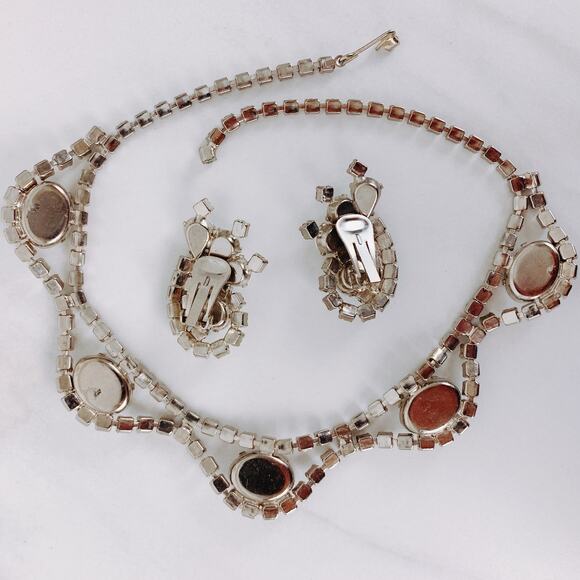 Vintage Mid Century Milk Glass Rhinestone Necklace Earring Set 1950s Jewelry - Picture 7 of 16